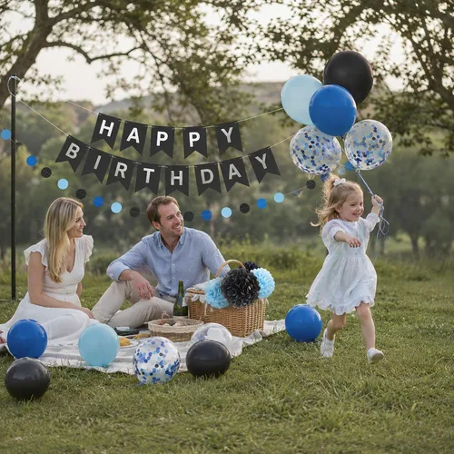 Miniatura 6 de ANSOMO Decoraciones de Fiesta de Cumpleaños Azul y Negro para Niños Hombres Pancarta Globos Azul Marino Azul Real Azul Claro Pompones Cortina