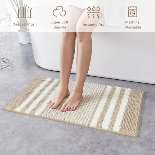 Miniatura 4 de Juego de 2 alfombras de baño de felpilla extrasuaves y absorbentes, esponjosas, a rayas, antideslizantes, lavables a máquina
