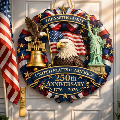NAZENTI Letrero personalizado para puerta del 4 de julio con nombre familiar, coronas de puerta personalizadas para 250 aniversario de Estados