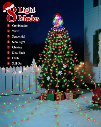 Miniatura 3 de Guirnalda de luces de cascada de Navidad para exteriores, luces de árbol de Navidad con 335 luces LED de 11.48 pies, 9 hebras, 8 modos