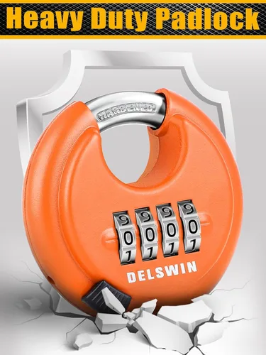 Miniatura 6 de DELSWIN Cerradura de combinación de disco de 4 dígitos para exteriores, candados de combinación resistentes con grillete de acero endurecido Naranja