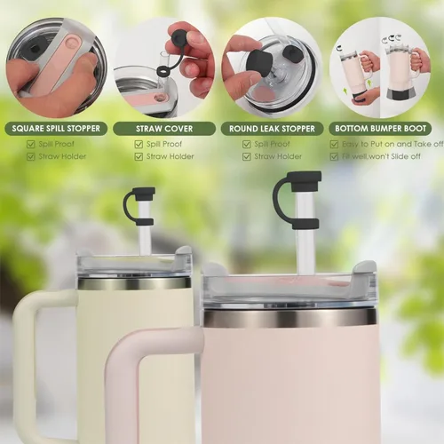Miniatura 3 de Juego de 7 tapones de silicona para vasos Stanley, juego de accesorios de copa Stanley con fundas para popote y funda, compatible con H2.0 (negro)