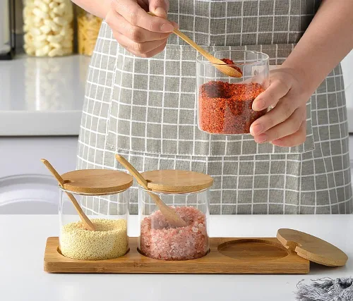 Miniatura 6 de Lawei Juego de 3 tarros de condimentos con tapas y cucharas – Tazones de cristal para azúcar y sal para servir azúcar, especias y sal