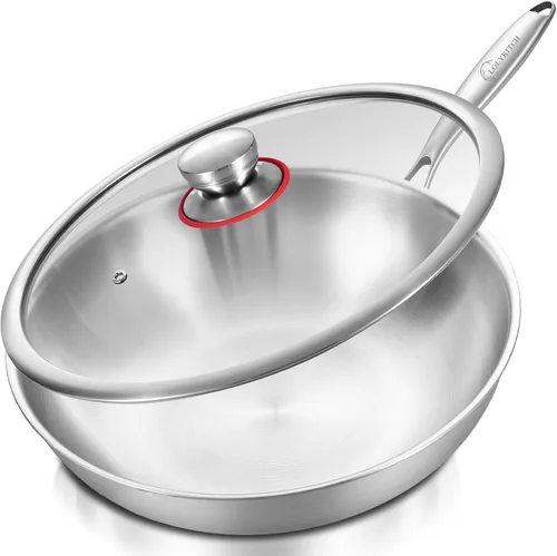 LOLYKITCH Sartén Wok de Acero Inoxidable de 13 Pulgadas de Tres Capas con Tapa, Sartén para Saltear, Wok de Inducción, Apto para Lavavajillas y