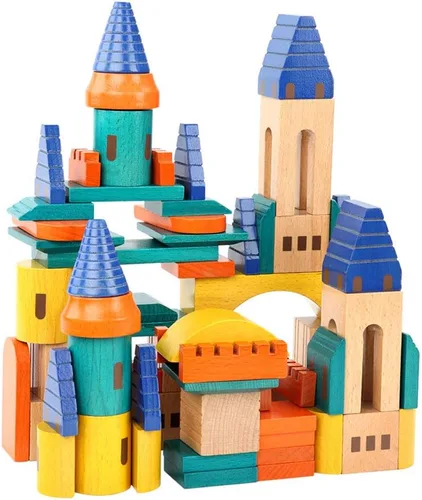 Miniatura 2 de Xylolin Juego de bloques de construcción de castillo de madera, juguete de bloques apilables de madera de haya maciza grande, juego de construcción