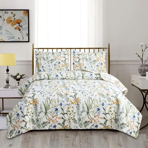 Jarson Juego de Edredón Floral Tamaño Full/Queen, Colcha Ligera de 3 Piezas de Primavera Verano Estilo Campestre, Juego de Ropa de Cama Reversible
