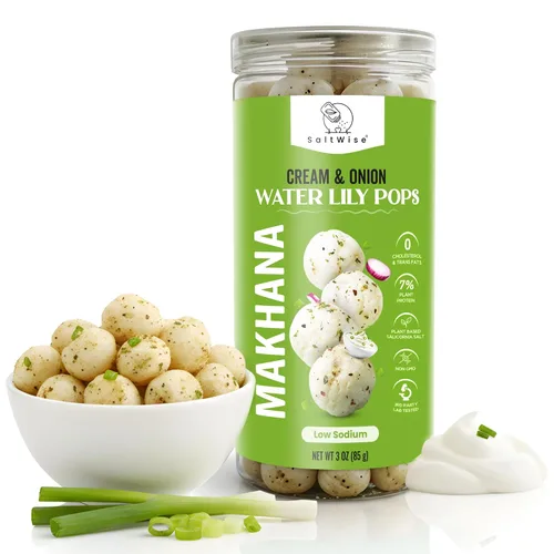 SaltWise Water Lily Pops (Makhana/Fox Nuts) - Aceite de oliva tostado | Bajo en sodio | Sin gluten, vegano, sin OMG a base de plantas (cebolla crema)