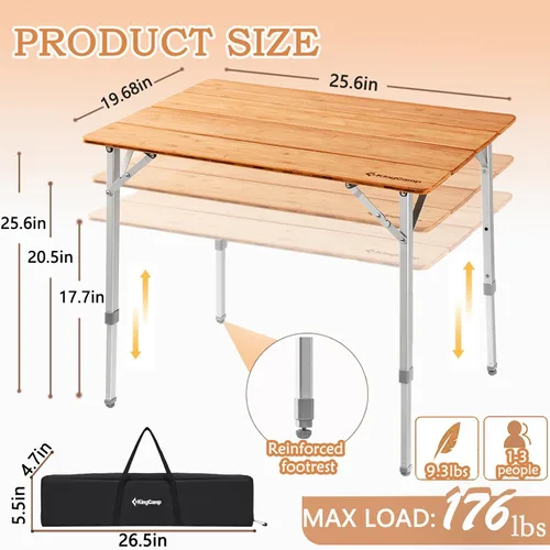 Miniatura 3 de KingCamp Mesa de Bambú Plegable Mesa de Camping Ecológica con Patas de Aluminio de Altura Ajustable Resistente 4 Pliegues Mesas de Campamento