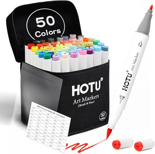 HOTU Marcadores de alcohol, punta de pincel de 50 colores y marcadores artísticos de doble punta fina para mujeres, libros de colorear para adultos,