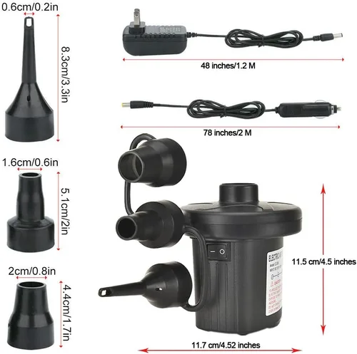 Miniatura 6 de Bomba de aire eléctrica, bomba de aire portátil de llenado rápido con 3 boquillas, 110 V CA/12 V CC bombas infladoras/deflactoras para colchón