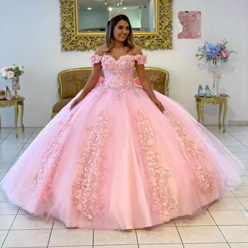 Miniatura 3 de XYAYE Vestido de quinceañera con hombros descubiertos para mujer, con flores en 3D, vestido de baile hinchado de encaje con cuentas, vestido