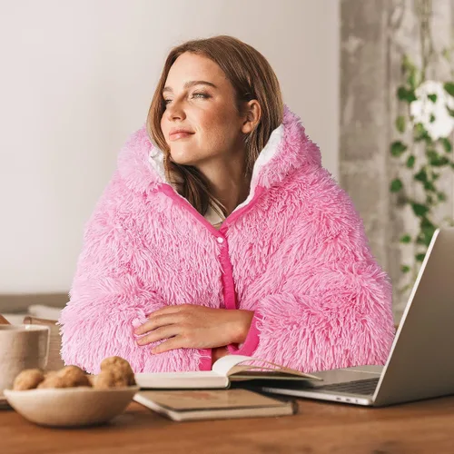 Miniatura 3 de Manta con capucha de flamenco para adultos, mullida y súper suave, de pelo sintético, mullida, cálida y acogedora, forro polar y sherpa, manta