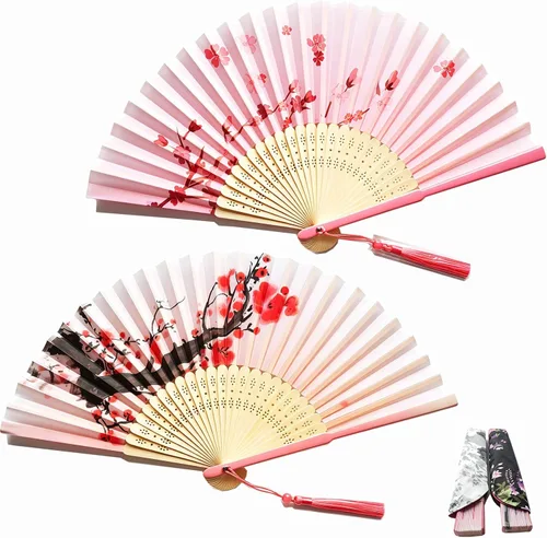 Miniatura 10 de Abanicos de mano plegables pequeños para mujer, 2 abanicos chinos japoneses de seda de bambú vintage, para baile, festival de música, boda, fiesta