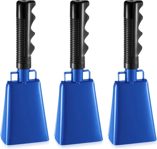 Paquete de 3 campanas de vaca azules con asas, campana de animación para eventos deportivos, juegos de fútbol, escuela sólida grande, instrumentos