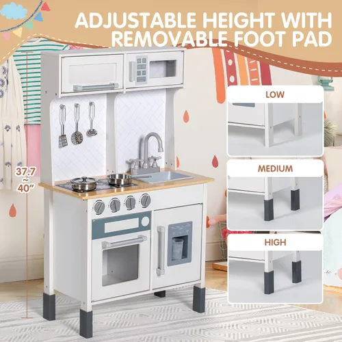 Miniatura 6 de BRINJOY Juego de cocina para niños, cocina de madera para niños con grifo, fregadero, estufa, horno, utensilios de cocina, gabinetes de Blanco