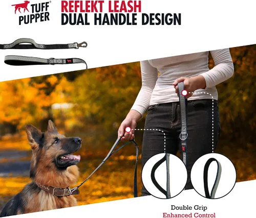 Miniatura 2 de Tuff Pupper Correa reflectante extrema para perros, resistente de doble asa para sostener perros fuertes, refleja para paseos nocturnos seguros