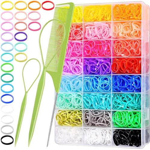 TsMADDTs Bandas de goma de 24 colores, 2000 ligas elásticas para el cabello con caja organizadora, bandas de goma con herramientas de cola y peine,