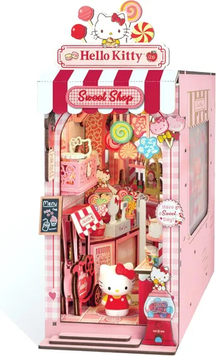 Hands Craft Hello Kitty Sweet Shop - Kit de rincón de libro – Inserto de estante en miniatura oficial de Sanrio DIY con LED táctil, rompecabezas 3D