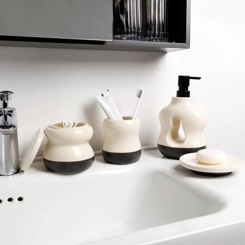Miniatura 6 de BosilunLife Juego de 4 accesorios de baño de cerámica, dispensador de jabón hueco ondulado y artículos esenciales de tocador, beige de dos tonos