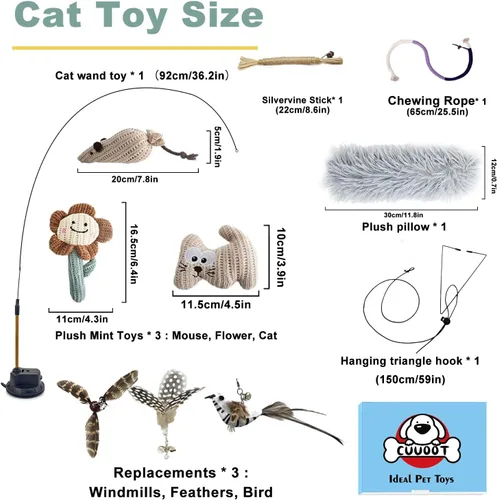 Miniatura 6 de Juguetes para gatitos 7 en 1 para gatos de interior con ventosa adhesiva lavable, juguetes interactivos para gatos, palo de vid plateada y cuerda