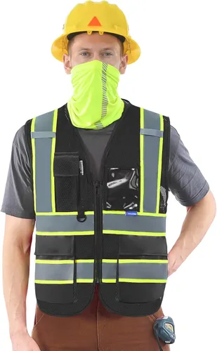 AYKRM 11 color alta visibilidad reflectante chaleco de seguridad para mujeres hombres bolsillo cremallera ANSI/ISEA estándar Malla Negra