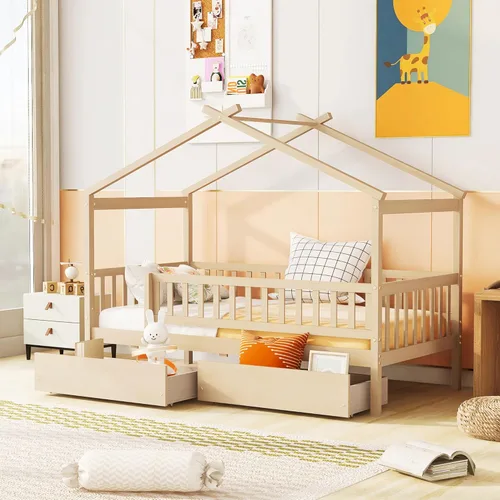 Miniatura 16 de Cama de casa con nido y valla, camas de tamaño matrimonial estilo Montessori con barandillas, marco de cama de madera para niños, niñas, niños