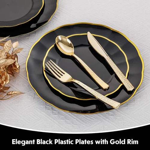 Miniatura 3 de supernal 60 piezas Platos de Cumpleaños Negros y Dorados Platos de Plástico para Fiestas y Platos Desechables Elegantes Platos Festoneados