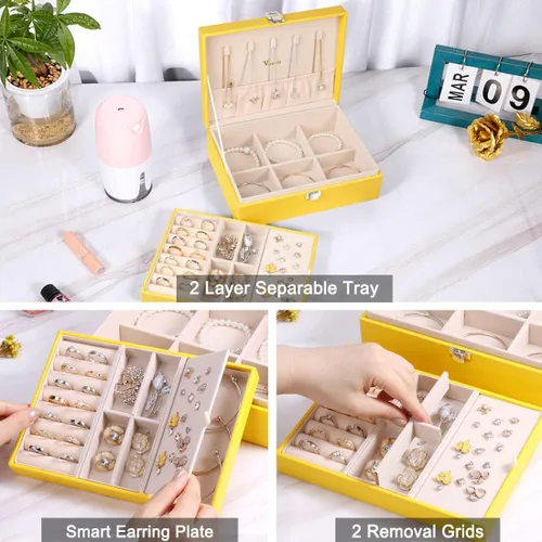 Miniatura 3 de Voova Joyero organizador para mujeres y niñas, 2 capas grandes para hombres, estuche de almacenamiento de joyas de piel sintética con bandeja