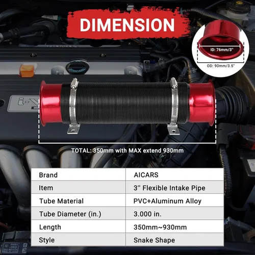 Miniatura 6 de Conducto de admisión del tubo de admisión, 3 pulgadas/2.992 in Tubo de entrada de frío de aluminio universal para automóvil automotriz- Rojo
