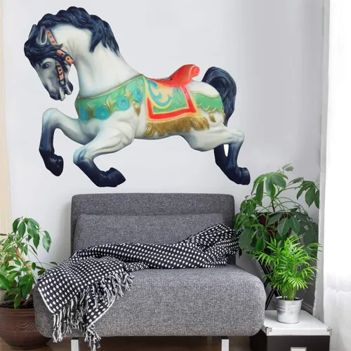 Miniatura 3 de Vinilo decorativo para pared, diseño de caballo de carrusel parisino, mural Merry go Round (negro y verde azulado, 52 x 43 pulgadas)