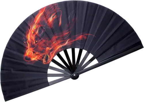 Abanicos plegables decorativos, ventilador de mano chino, japonés, ventilador rave, ventilador de tela de nailon para mujeres/hombres (lobo de fuego)