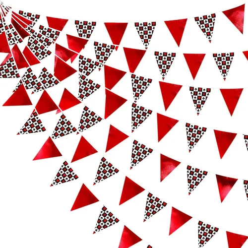 Decoraciones de fiesta de casino de 32 pies, pancarta roja y negra, bandera triangular, banderines de tela para noche de juegos, temática de Las