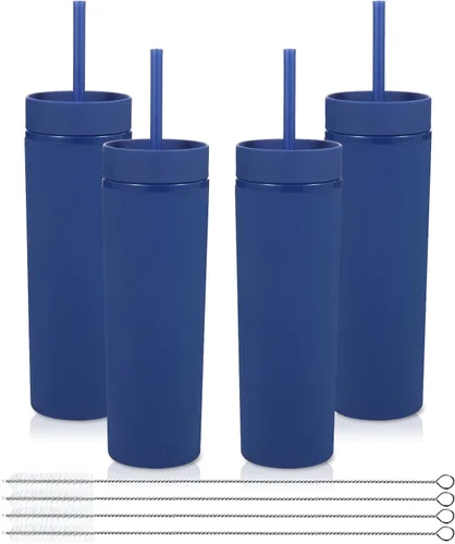 Miniatura 9 de Volhoply Vaso delgado de plástico de 16 onzas con tapa y pajita, paquete de 4 unidades, vasos aislados de doble pared de acrílico mate, sin BPA
