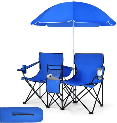 Tangkula Sillas de campamento dobles con paraguas, silla de campamento plegable portátil de 2 asientos con bolsa enfriadora, soporte para bebidas,