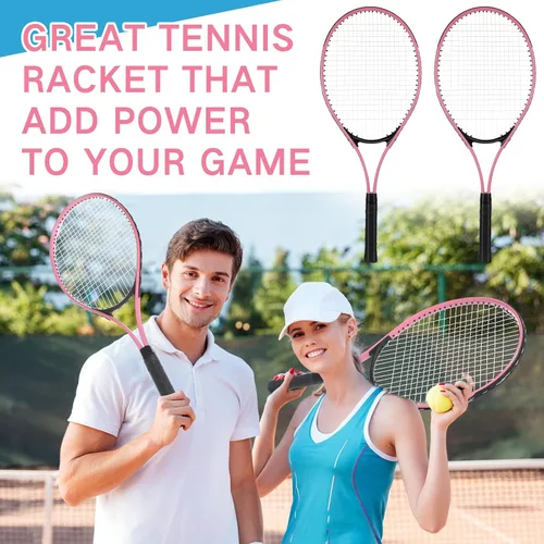 Miniatura 5 de 4 raquetas de tenis para adultos recreativas para 4 jugadores, raqueta de tenis ligera de 27 pulgadas con 3 pelotas de tenis para entrenar