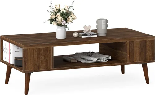 Miniatura 9 de Giantex Mesa auxiliar moderna de mediados de siglo, mesa central rectangular de 42 pulgadas con 2 estantes de almacenamiento y compartimento