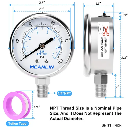 Miniatura 2 de MEANLIN MEASURE Medidor de presión de acero inoxidable relleno de líquido de 0 ~ 100 psi con junta de acero inoxidable 316, esfera de cara NPT