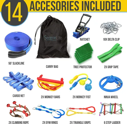Miniatura 5 de SereneLife Ninja Warrior Slack Line Carrera de obstáculos de 50 pies con 18 accesorios de escalada de árboles de gimnasio en la selva, juego
