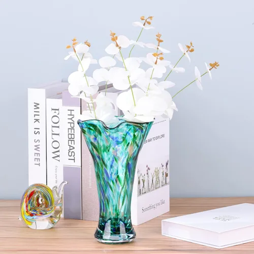 Miniatura 7 de Floreros de cristal aguamarina de 9.0 pulgadas de alto para flores, jarrón único de vidrio soplado a mano, decoración del hogar, jarrón de flores