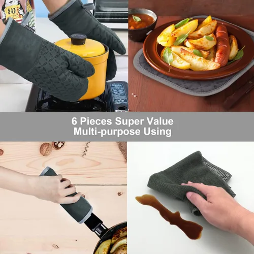 Miniatura 7 de KEGOUU Juego de 6 manoplas para horno y soportes para ollas, guantes para horno de cocina, resistentes al calor, 500 grados, extra largos, Verde
