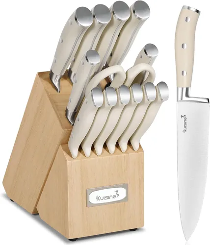 Juego de cuchillos de chef Kuisine, juego de cuchillos de acero inoxidable de alto carbono afilados con mango ergonómico, juego de bloques de Blanco