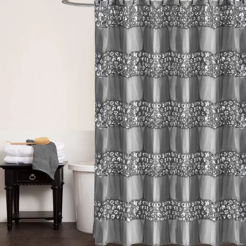 Miniatura 3 de Popular Bath Sinatra Cortina de regadera de baño de tela lujosa y glamorosa, moderna, diseño único, plateado brillante