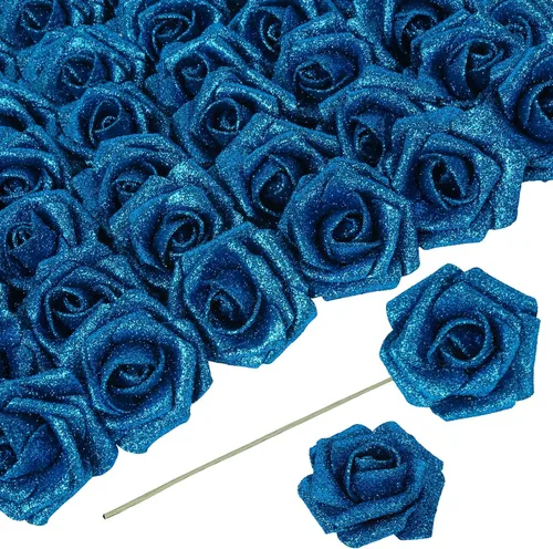 Miniatura 16 de Flores negras con purpurina, 30 unidades, flores artificiales con purpurina, rosas de espuma con tallo, flores sintéticas para bricolaje, ramo