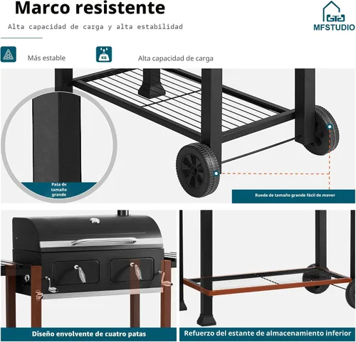 Miniatura 6 de MFSTUDIO Parrilla de carbón para barbacoa multifuncional extra grande de 49 pulgadas con control de temperatura, mesa auxiliar y bandeja de cenizas