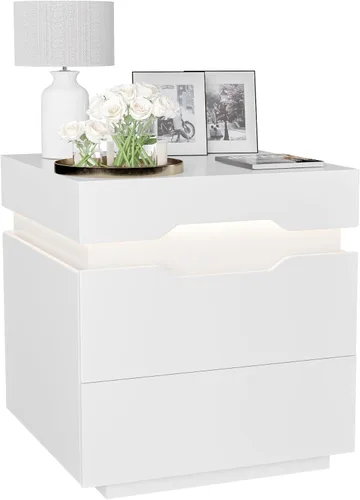 Miniatura 11 de YESHOMY Mesita de noche con luz LED y estación de carga, mesa auxiliar con 2 cajones, mesita de noche con gran capacidad, para dormitorio, juego
