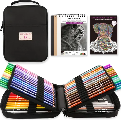 HIFORNY Juego de 80 lápices de colores para adultos, 72 lápices de colores con extras, núcleo suave para artistas, lápices de dibujo, suministros de