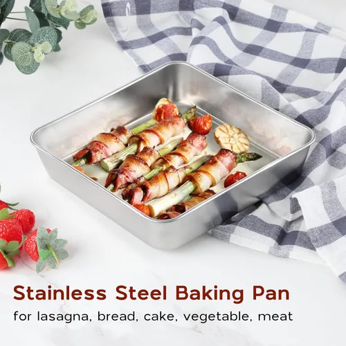 Miniatura 5 de Onader Bandeja cuadrada para hornear pasteles de 8 x 8 pulgadas con tapa, bandeja de lasaña de brownie de acero inoxidable