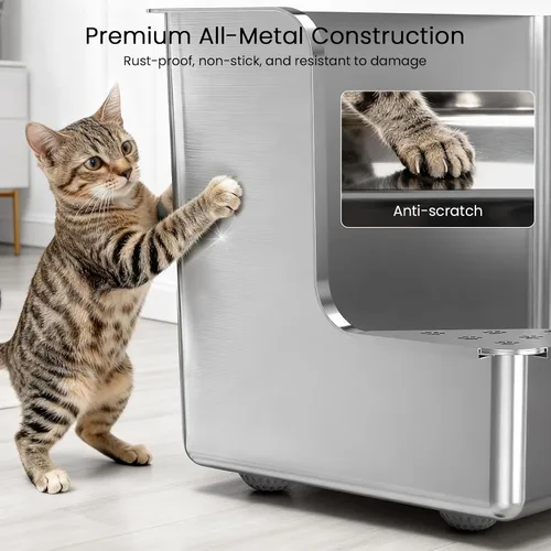 Miniatura 8 de Caja de arena de acero inoxidable de 11.8 pulgadas de alto, caja de arena de metal XL para gatos, inodoro para mascotas con apertura de esquina