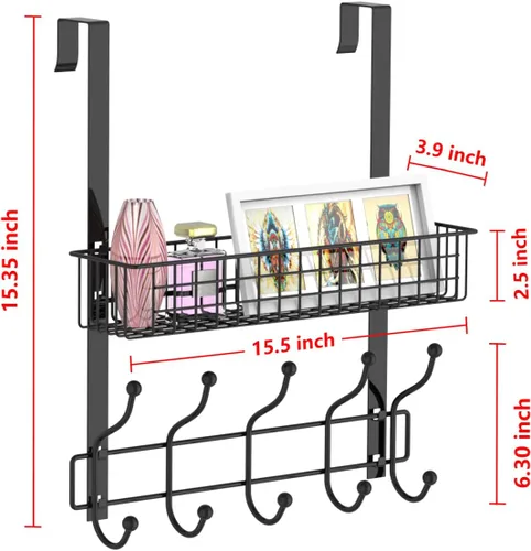 Miniatura 2 de Perchero, colgador sobre la puerta con cesta de malla, estante de almacenamiento desmontable para toallas, sombreros, bolsos, abrigos (negro)