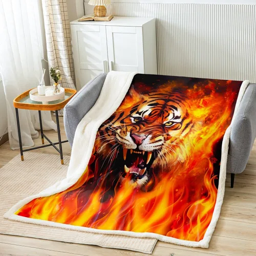 Manfei Manta de tigre de fuego, manta de cama de tigre de llama naranja para niños, adolescentes y adultos, decoración de habitación, manta temática